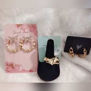 Gold and Silver Butterfly Hoop Earrings, Gold Toned Chain Earrings, Gold Ring